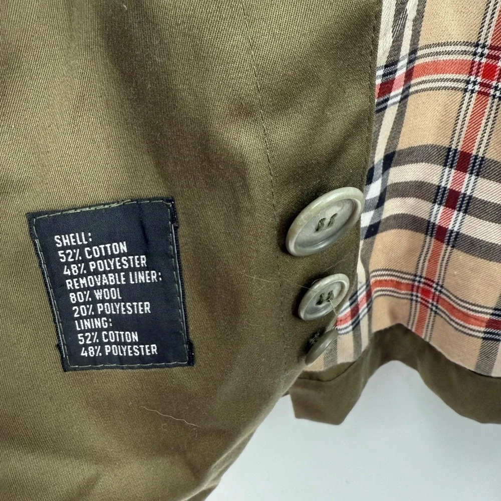 Vintage Olive Green Trench Coat Plaid Lined Sz Mens 42 L Heritage Prep Military